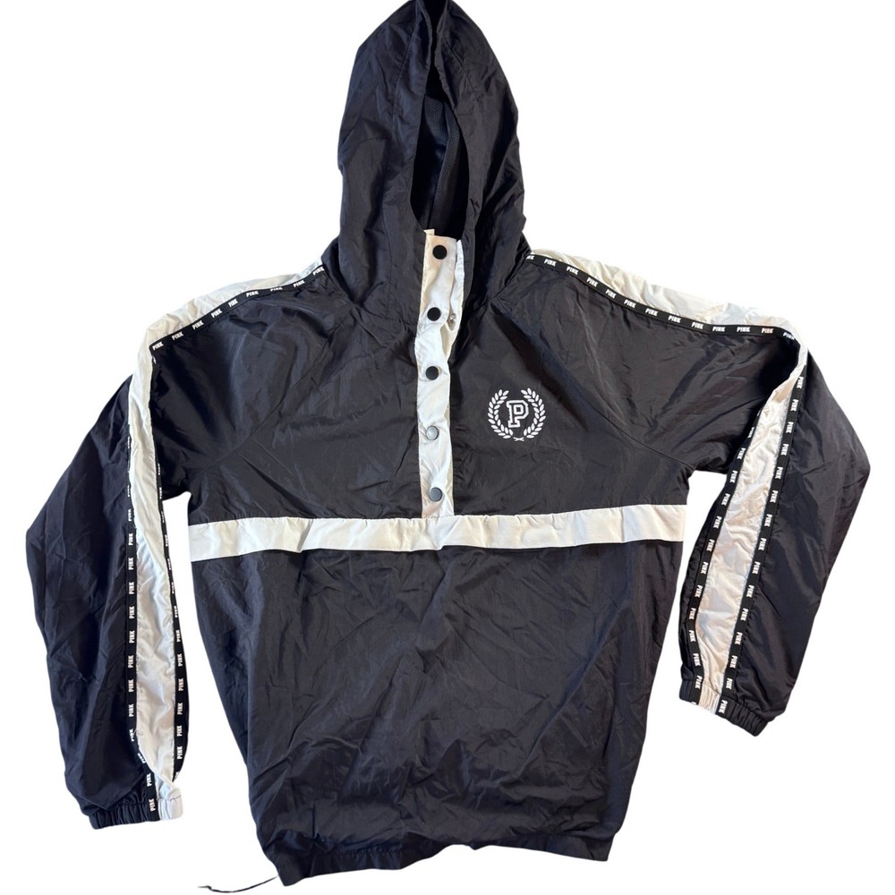 Victorias Secret PINK‎ Anorak Windbreaker Jacket Black White Logo Tape XS/S
